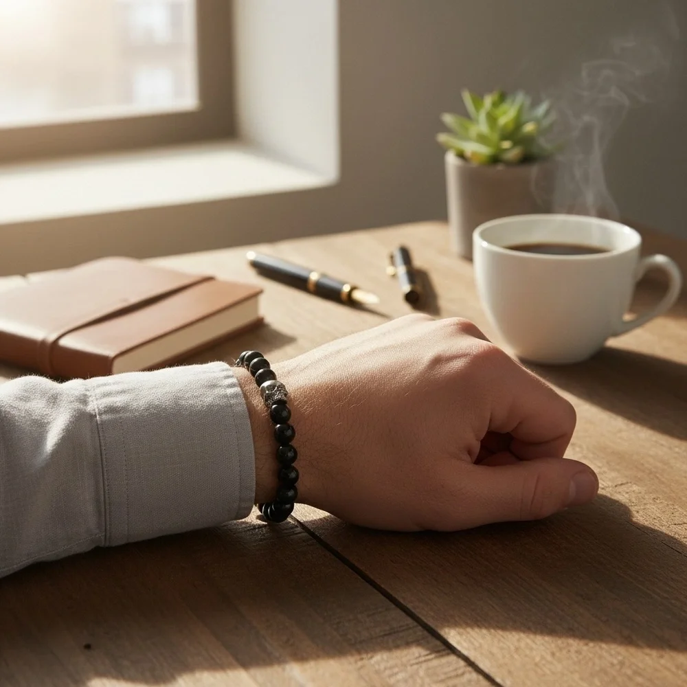 PerePaix Black Bead Skull Bracelet Stretch Gothic Rocker Mens OS - Picture 3 of 8